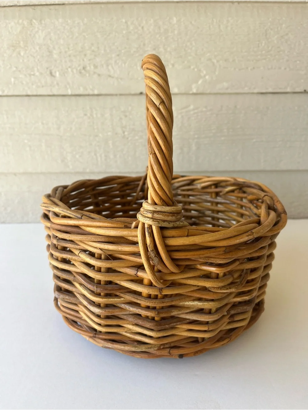 Honey-Color Wicker/Rattan Rustic Twisted Handled Basket Medium Size